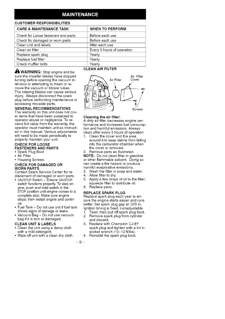 Maintenance, Warning | Craftsman 358.797310 User Manual | Page 9 / 13