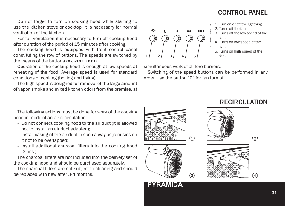 Control panel, Recirculation | PYRAMIDA CXW-KH 60 User Manual | Page 31 / 48