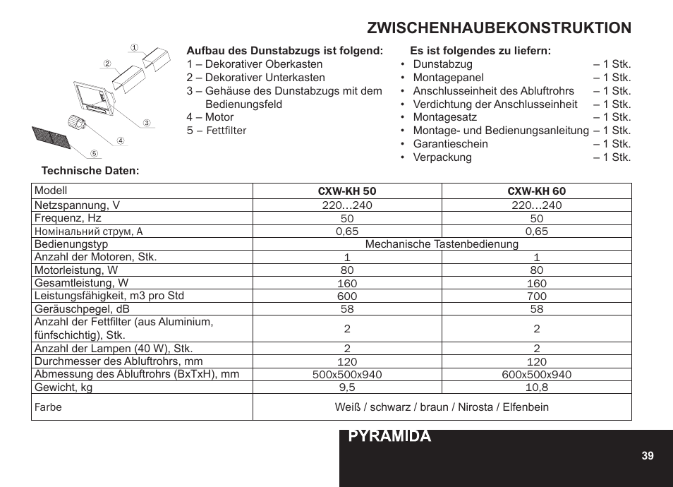 Zwischenhaubekonstruktion | PYRAMIDA CXW-KH 60 User Manual | Page 39 / 48