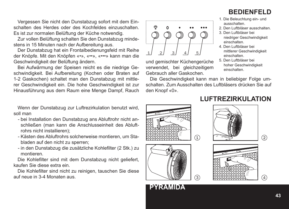 Bedienfeld, Luftrezirkulation | PYRAMIDA CXW-KH 60 User Manual | Page 43 / 48