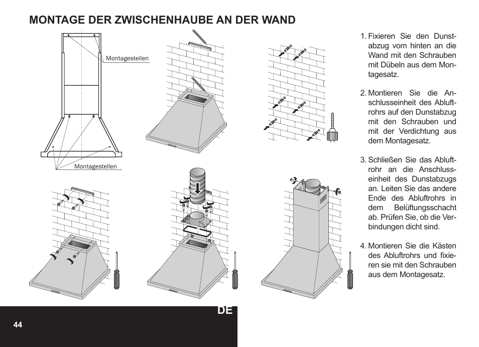 Montage der zwischenhaube an der wand | PYRAMIDA CXW-KH 60 User Manual | Page 44 / 48