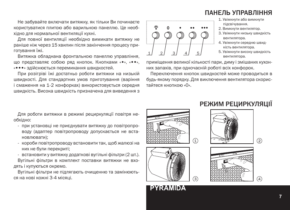 Панель управління режим рециркуляції | PYRAMIDA CXW-KH 60 User Manual | Page 7 / 48