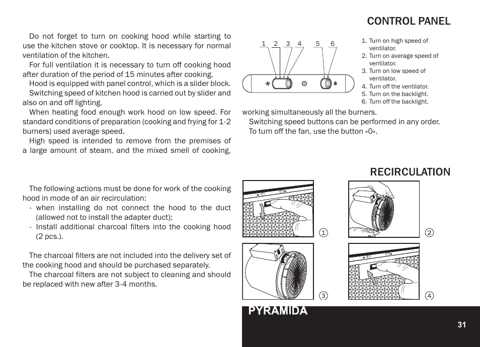 Control panel, Recirculation | PYRAMIDA R 90 User Manual | Page 31 / 48