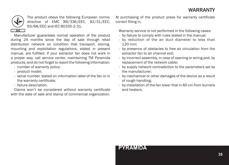 Warranty | PYRAMIDA R 90 User Manual | Page 35 / 48