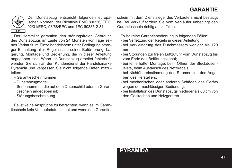 Garantie | PYRAMIDA R 90 User Manual | Page 47 / 48