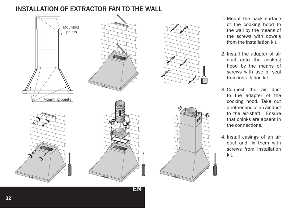 Product maintenance, Backlights replacement, Installation of extractor fan to the wall | E14 40вт | PYRAMIDA KH 60 Rustico v.2 User Manual | Page 32 / 48
