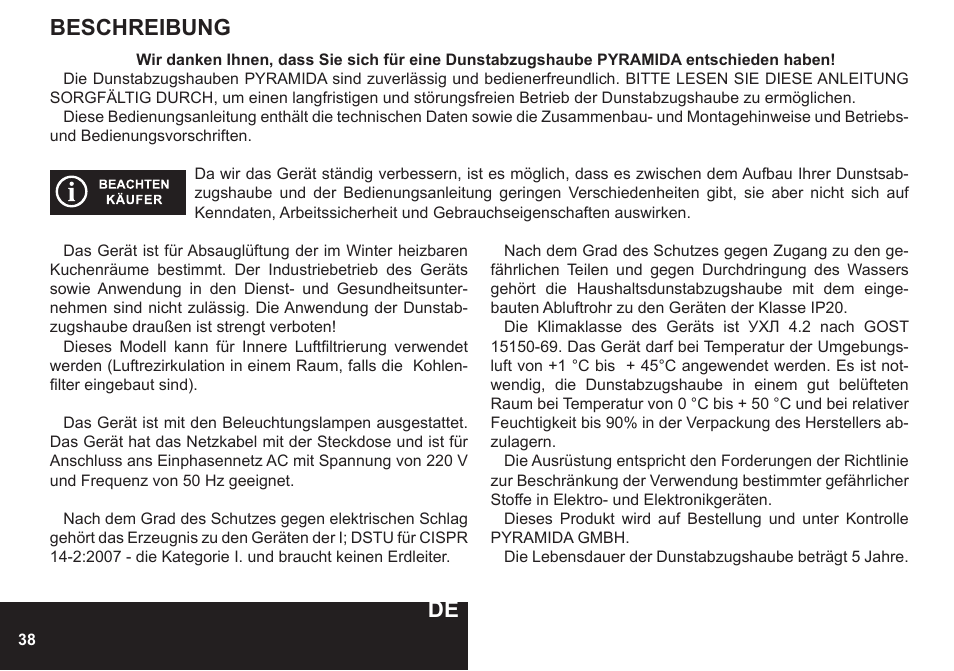Aufbau der dunstabzugshaube, Beschreibung | PYRAMIDA KH 60 Rustico v.2 User Manual | Page 38 / 48