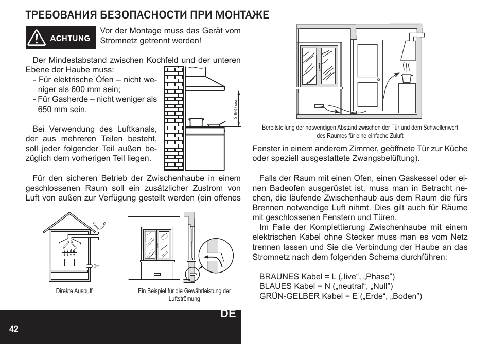 Bedienfeld umluftbetrieb, Требования безопасности при монтаже | PYRAMIDA KH 60 Rustico v.2 User Manual | Page 42 / 48