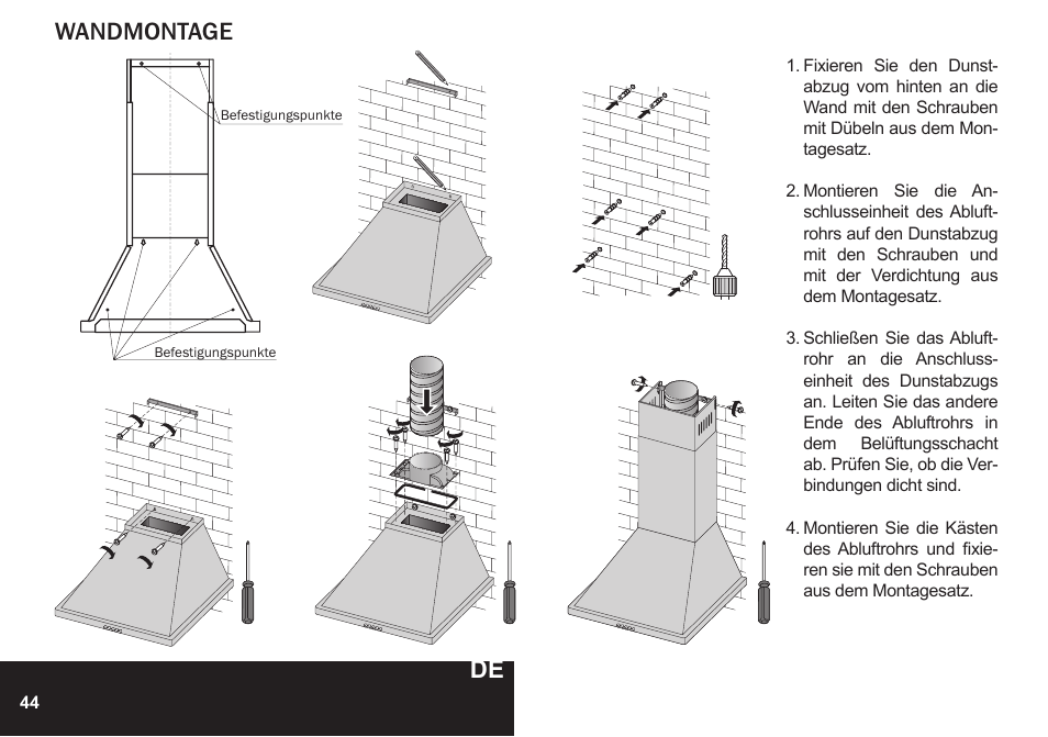 Wartung, Austausch der lampen, Wandmontage | PYRAMIDA KH 60 Rustico v.2 User Manual | Page 44 / 48