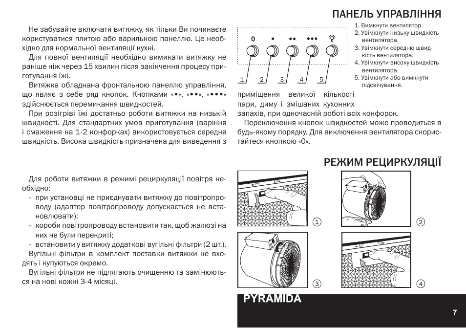 Панель управління режим рециркуляції | PYRAMIDA KH 60 Rustico v.2 User Manual | Page 7 / 48