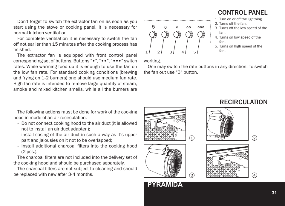 Control panel, Recirculation | PYRAMIDA N 60 User Manual | Page 31 / 48