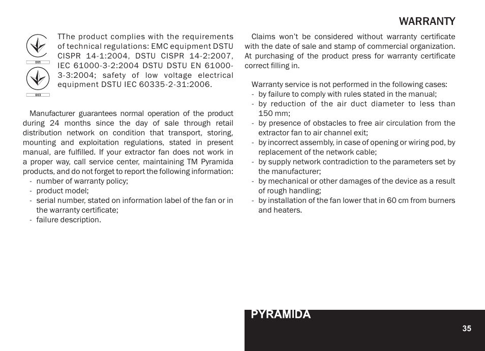 Warranty | PYRAMIDA N 60 User Manual | Page 35 / 48