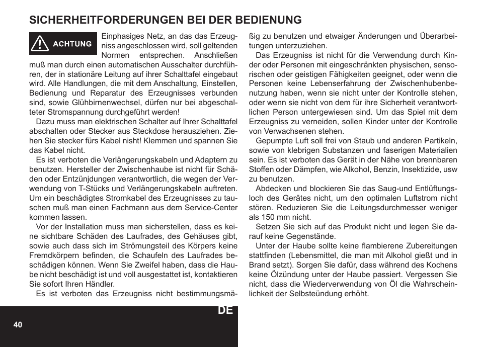 Sicherheitforderungen bei der bedienung | PYRAMIDA N 60 User Manual | Page 40 / 48