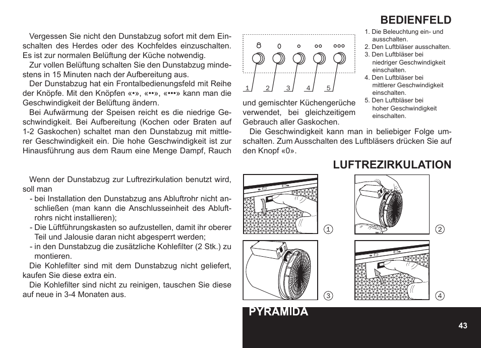 Bedienfeld, Luftrezirkulation | PYRAMIDA N 60 User Manual | Page 43 / 48