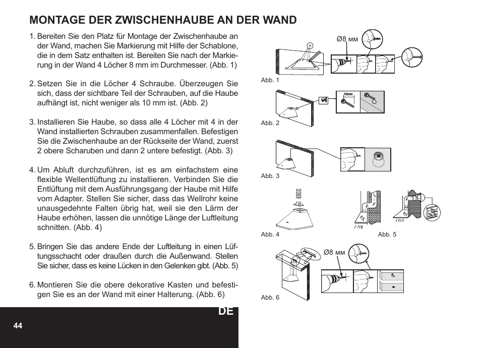 Montage der zwischenhaube an der wand | PYRAMIDA N 60 User Manual | Page 44 / 48