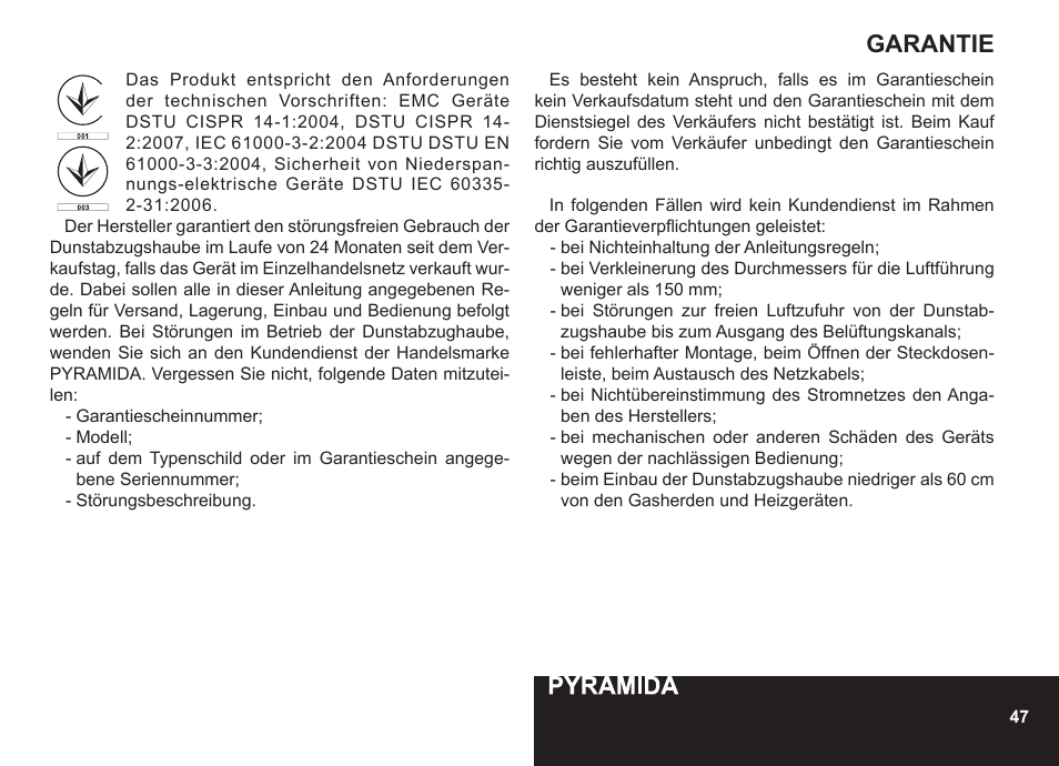 Garantie | PYRAMIDA N 60 User Manual | Page 47 / 48