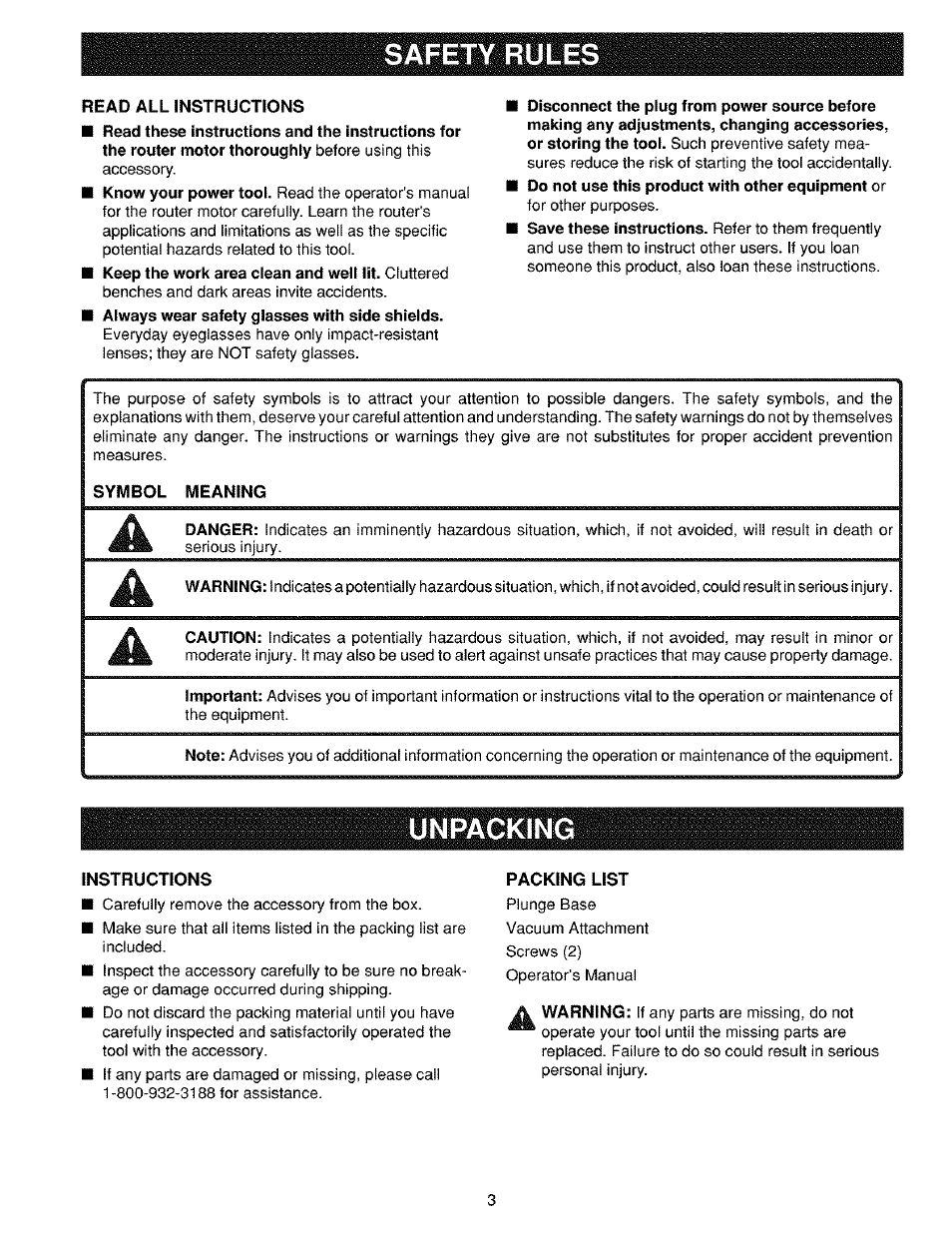 Safety rules, Unpacking | Craftsman 315.175320 User Manual | Page 3 / 8