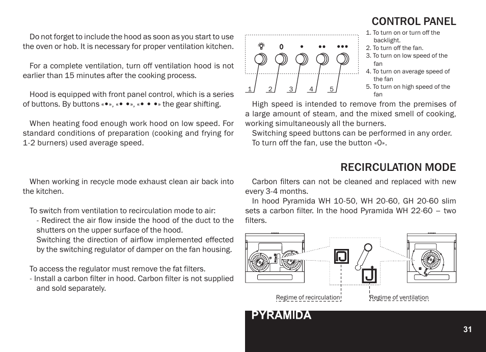 Control panel recirculation mode | PYRAMIDA GH 20-60 slim v.1 User Manual | Page 31 / 48