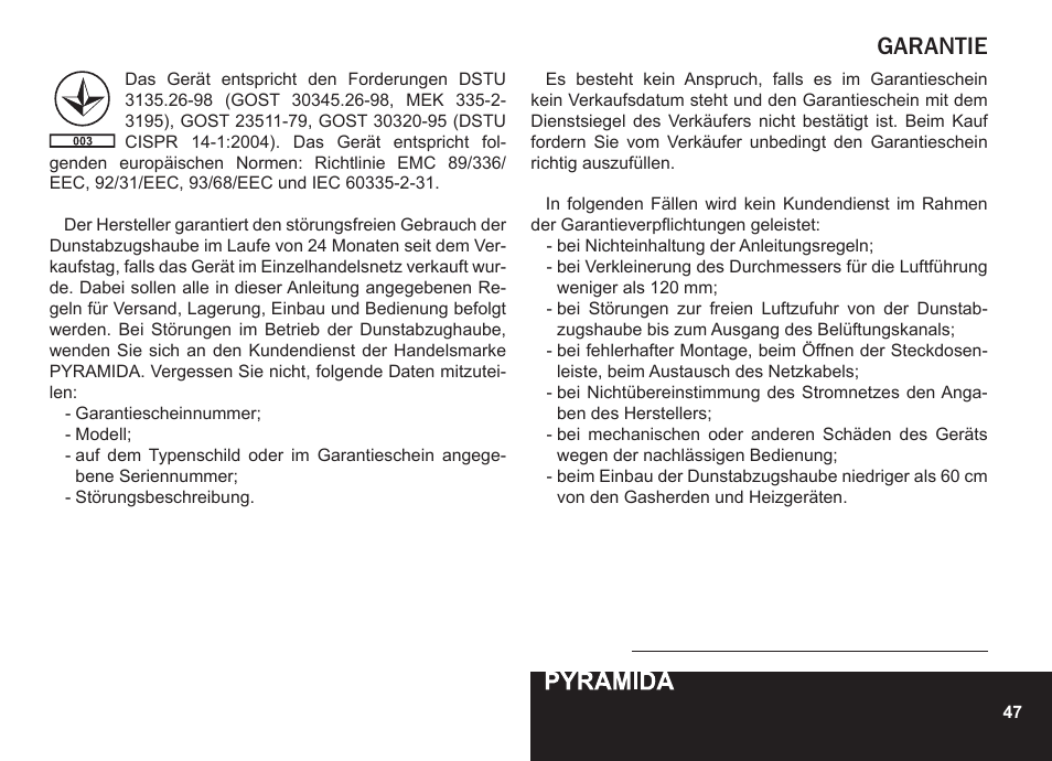 Garantie | PYRAMIDA GH 20-60 slim v.1 User Manual | Page 47 / 48
