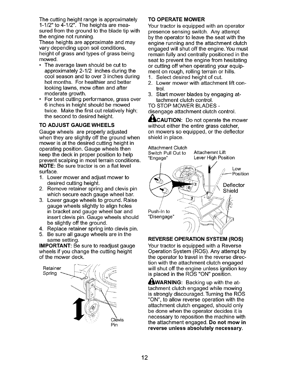 To adjust gauge wheels, To operate mower, Qpef^xion system (ros) | Craftsman 917.276320 User Manual | Page 12 / 56