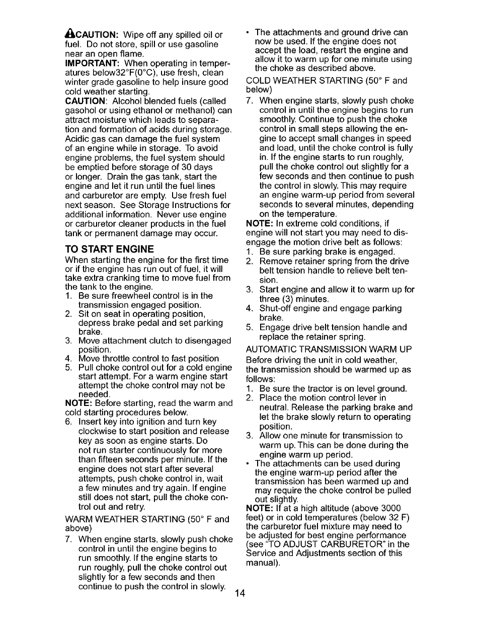 To start engine | Craftsman 917.276320 User Manual | Page 14 / 56