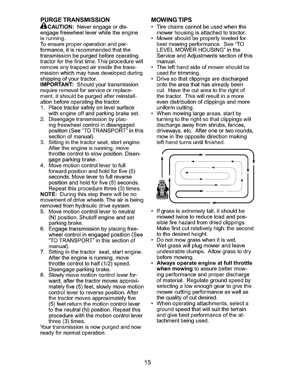 Purge transmission, Mowing tips | Craftsman 917.276320 User Manual | Page 15 / 56