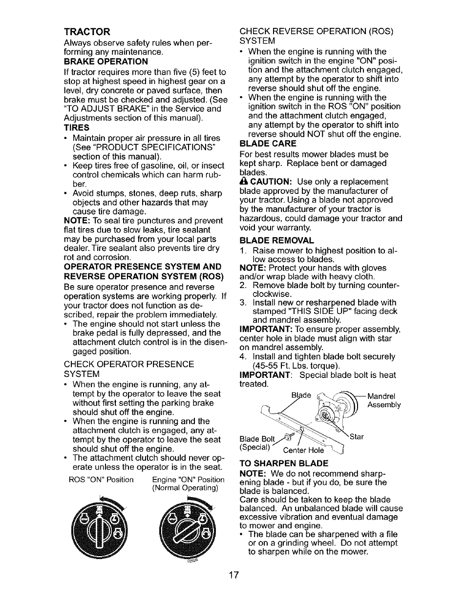 Tractor, 3ystem and operation system (ros), Blade care | Blade removal, To sharpen blade | Craftsman 917.276320 User Manual | Page 17 / 56