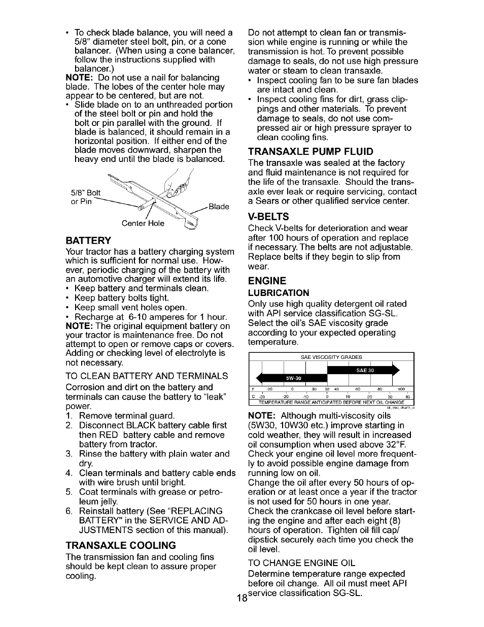 Battery, Transaxle cooling, Transaxle pump fluid | V-belts, Engine, Lubrication | Craftsman 917.276320 User Manual | Page 18 / 56