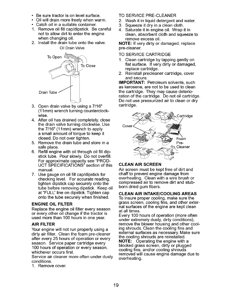 Engine oil filter, Clean air intake/cooling areas | Craftsman 917.276320 User Manual | Page 19 / 56