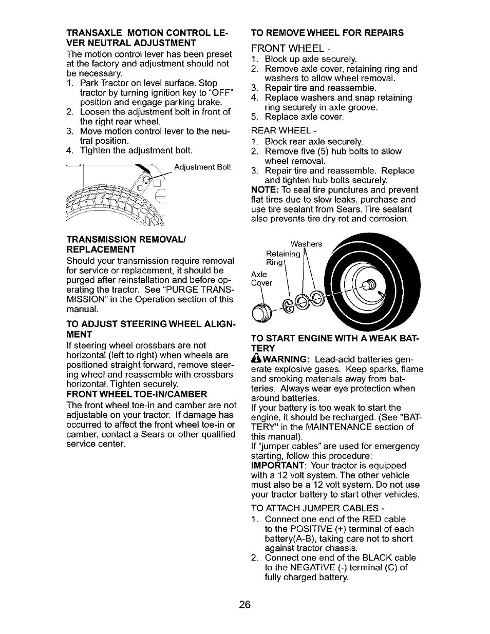 Transaxle motion control lever neutral adjustment, To adjust steering wheel align | Craftsman 917.276320 User Manual | Page 26 / 56