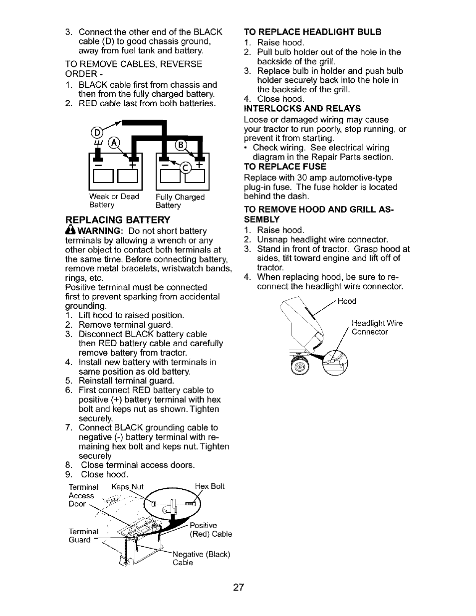 To remove hood and grill assembly, Replacing battery a warning | Craftsman 917.276320 User Manual | Page 27 / 56