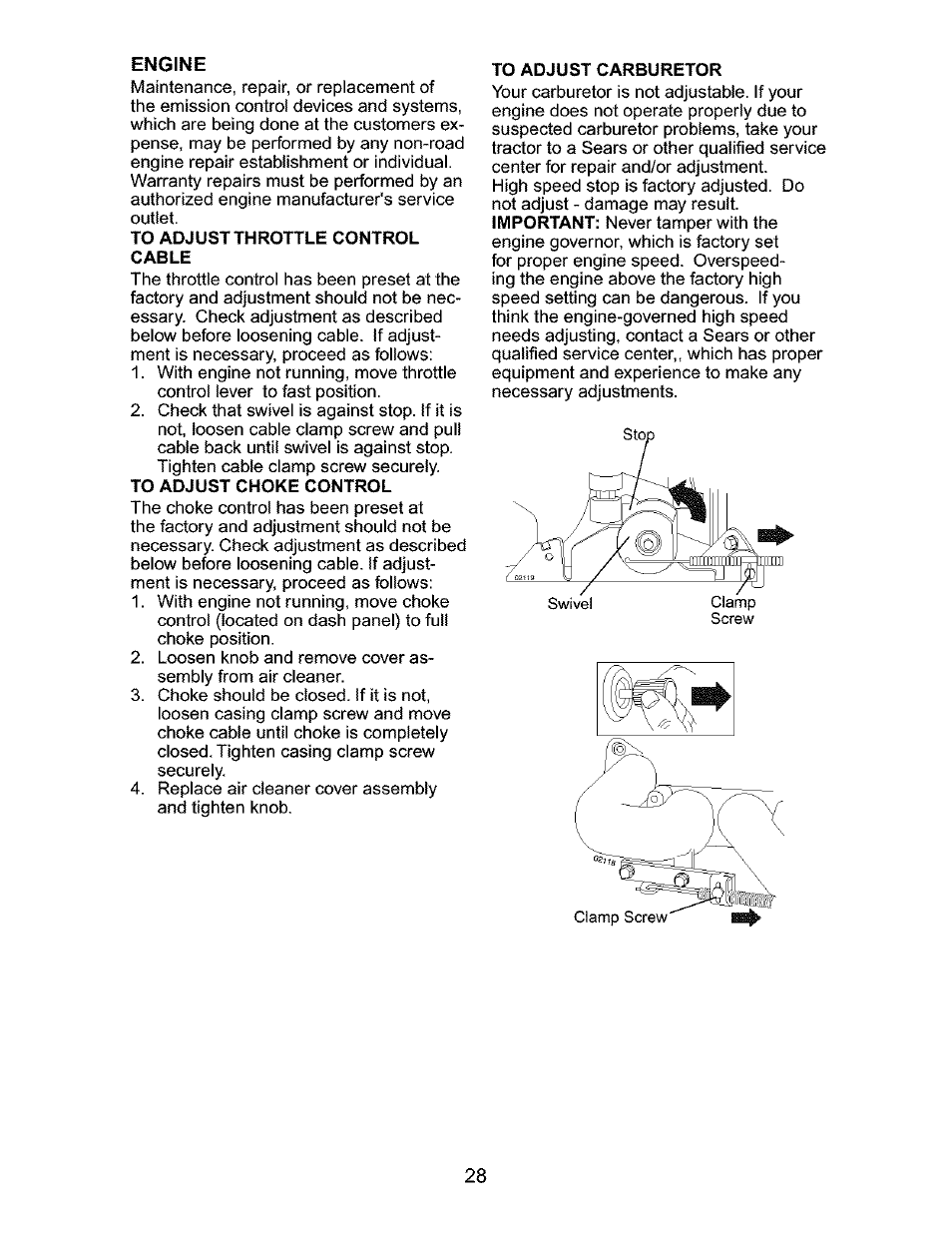 Engine, To throttle control, Cable | To adjust carburetor | Craftsman 917.276320 User Manual | Page 28 / 56