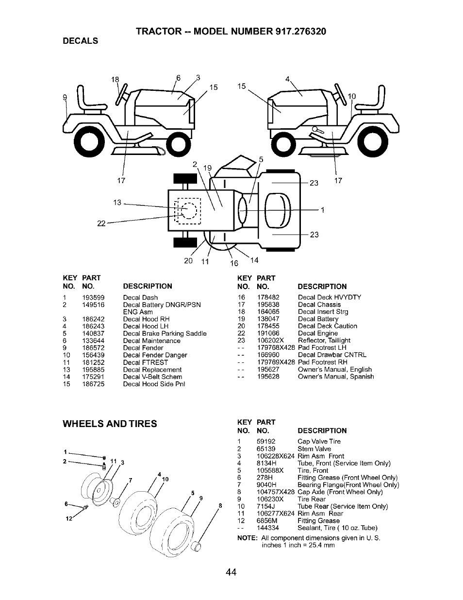 Decals, Wheels and tires | Craftsman 917.276320 User Manual | Page 44 / 56