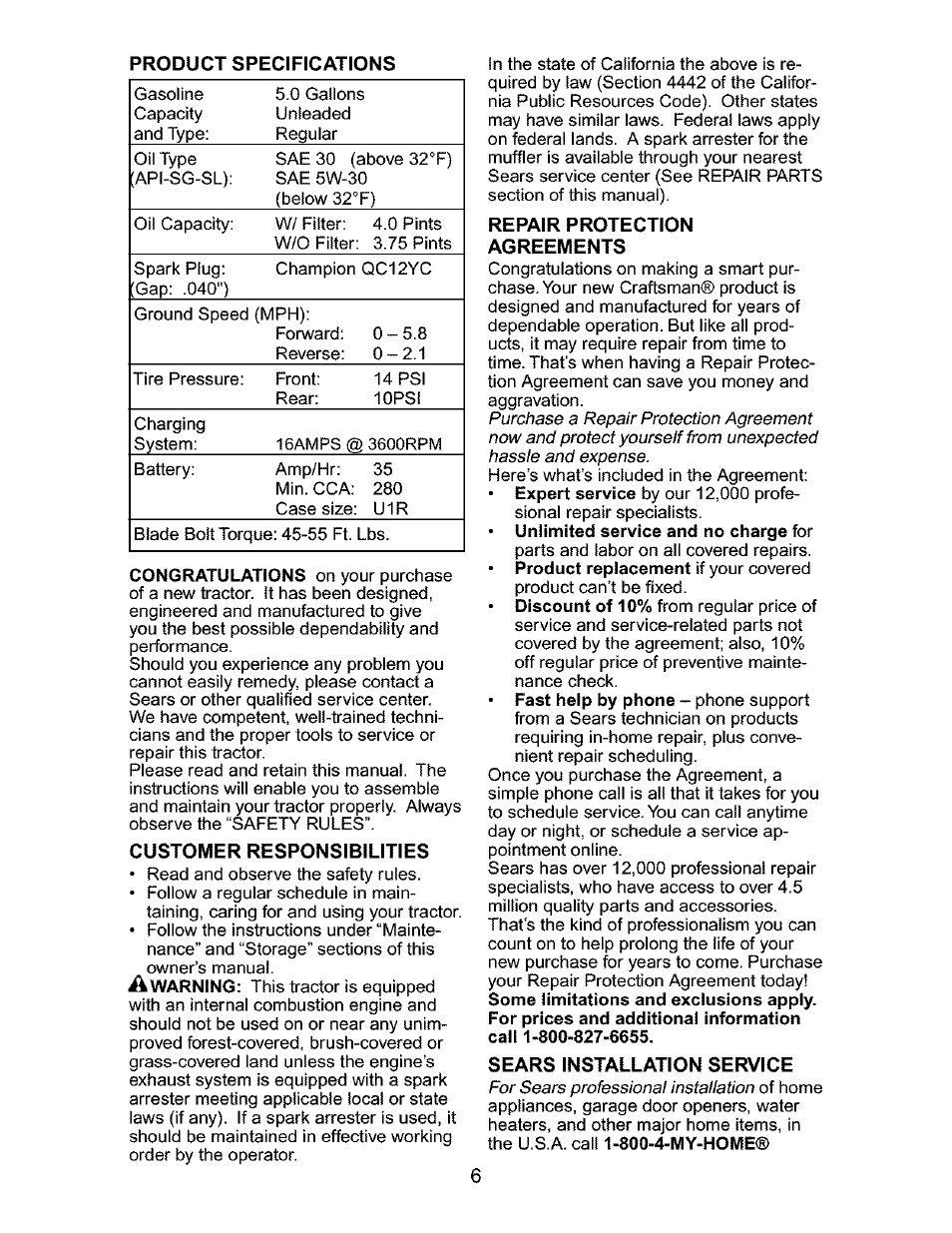 Customer responsibilities, Repair protection agreements, Sears installation service | Product specifications | Craftsman 917.276320 User Manual | Page 6 / 56