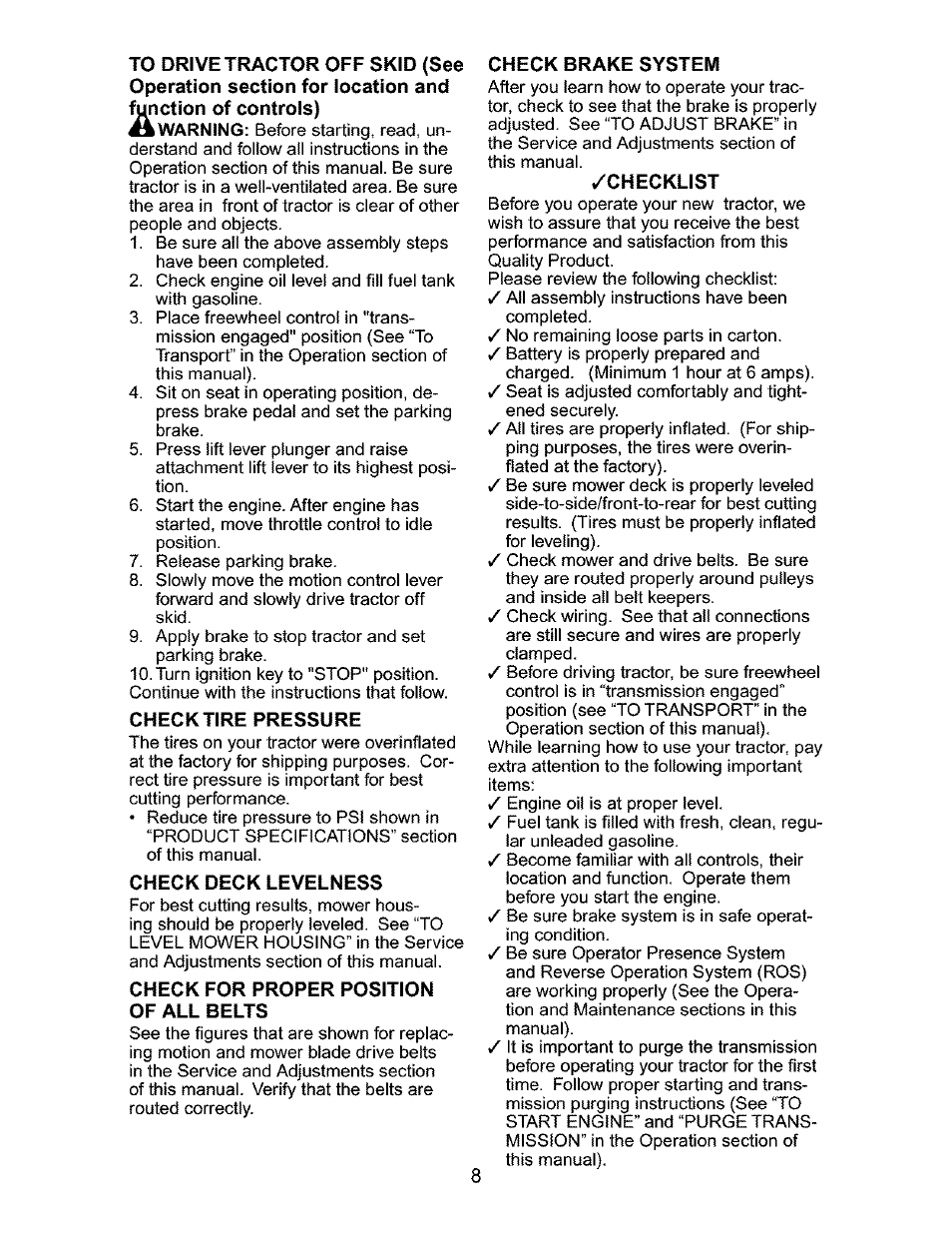 Check tire pressure, Check deck levelness, Check for proper position of all belts | Check brake system, Checklist | Craftsman 917.276320 User Manual | Page 8 / 56