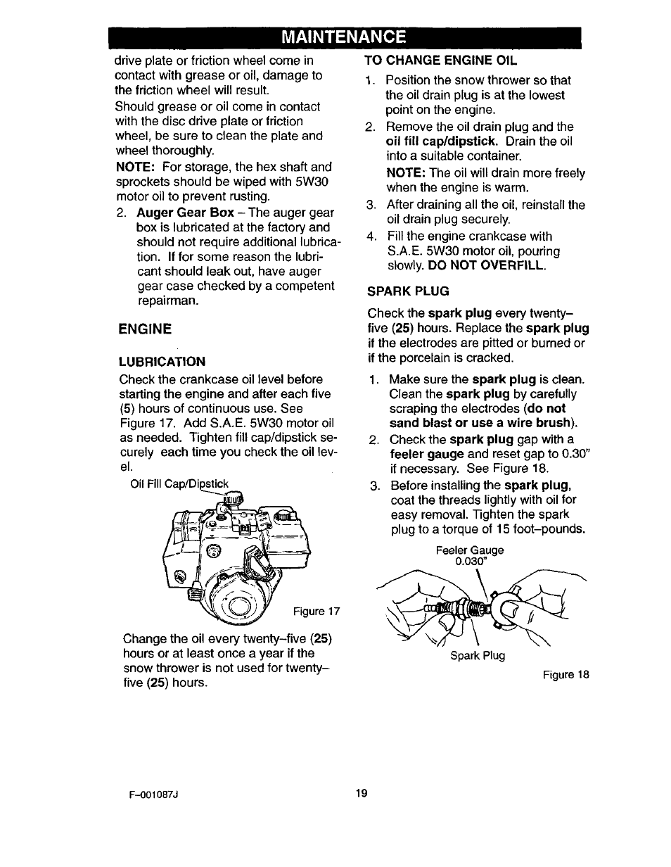 Engine, Lubrication, To change engine oil | Spark plug, Maintenance | Craftsman 536.886440 User Manual | Page 19 / 54
