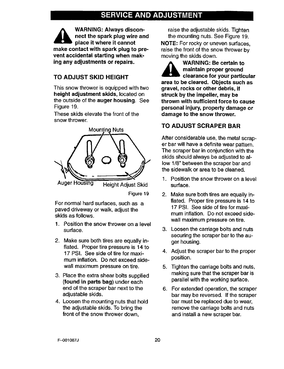 To adjust skid height, To adjust scraper bar, Service and adjustment | Craftsman 536.886440 User Manual | Page 20 / 54