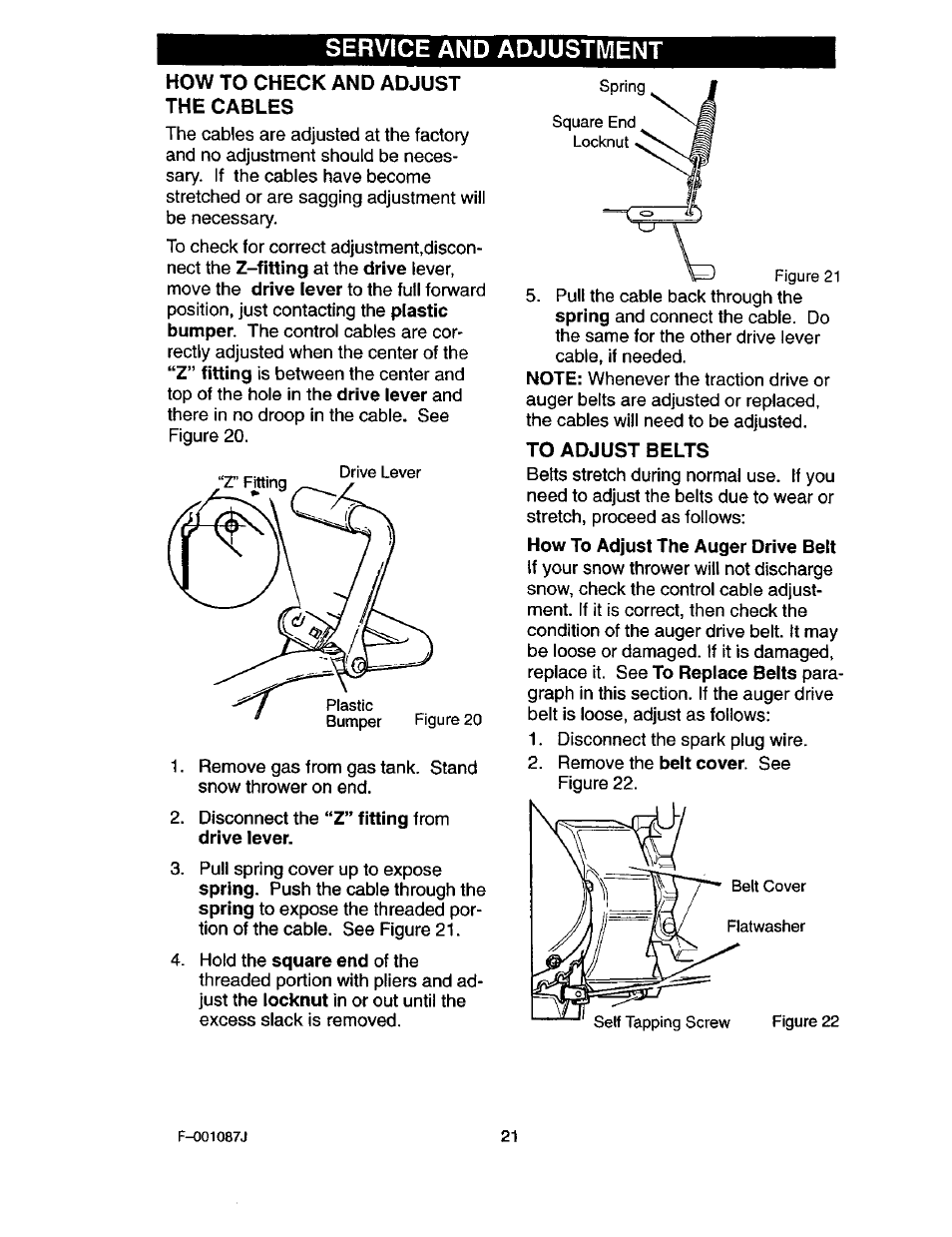 How to check and adjust the cables, To adjust belts, Service and adjustment | Craftsman 536.886440 User Manual | Page 21 / 54