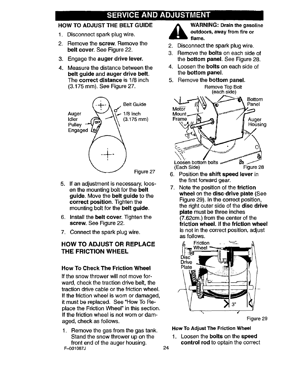 How to adjust the belt guide, How to adjust or replace the friction wheel, How to check the friction wheel | Service and adjustment | Craftsman 536.886440 User Manual | Page 24 / 54