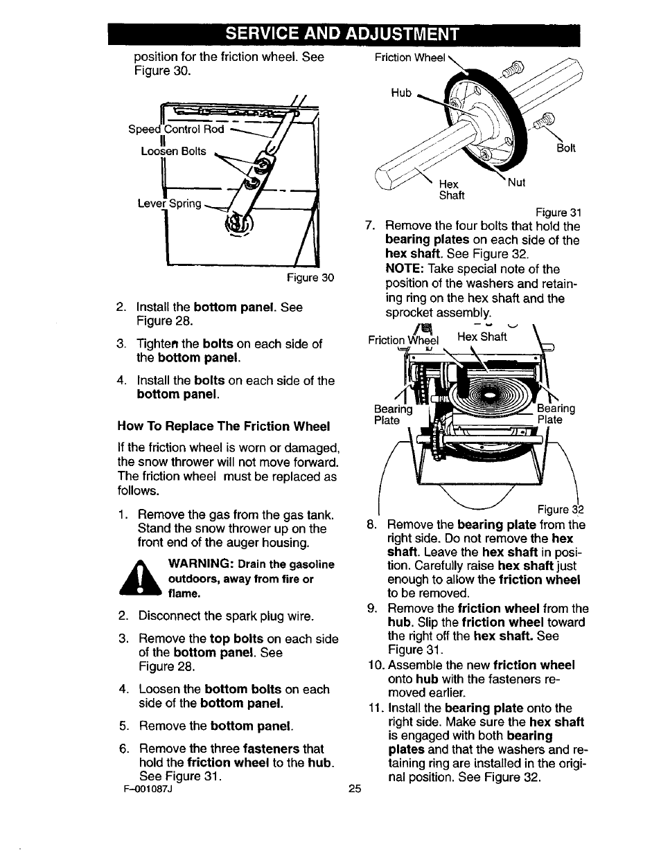 How to replace the friction wheel, Service and adjustment | Craftsman 536.886440 User Manual | Page 25 / 54