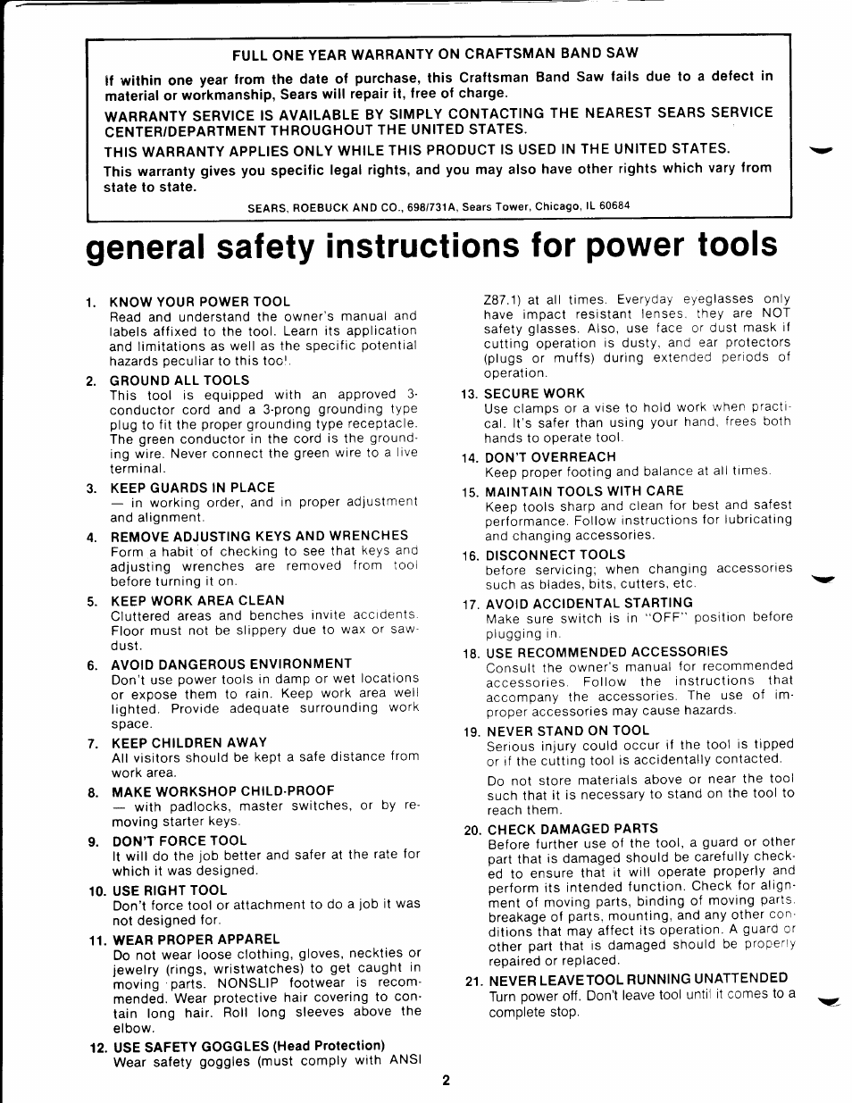 General safety instructions for power tools | Craftsman 113.244513 User Manual | Page 2 / 20