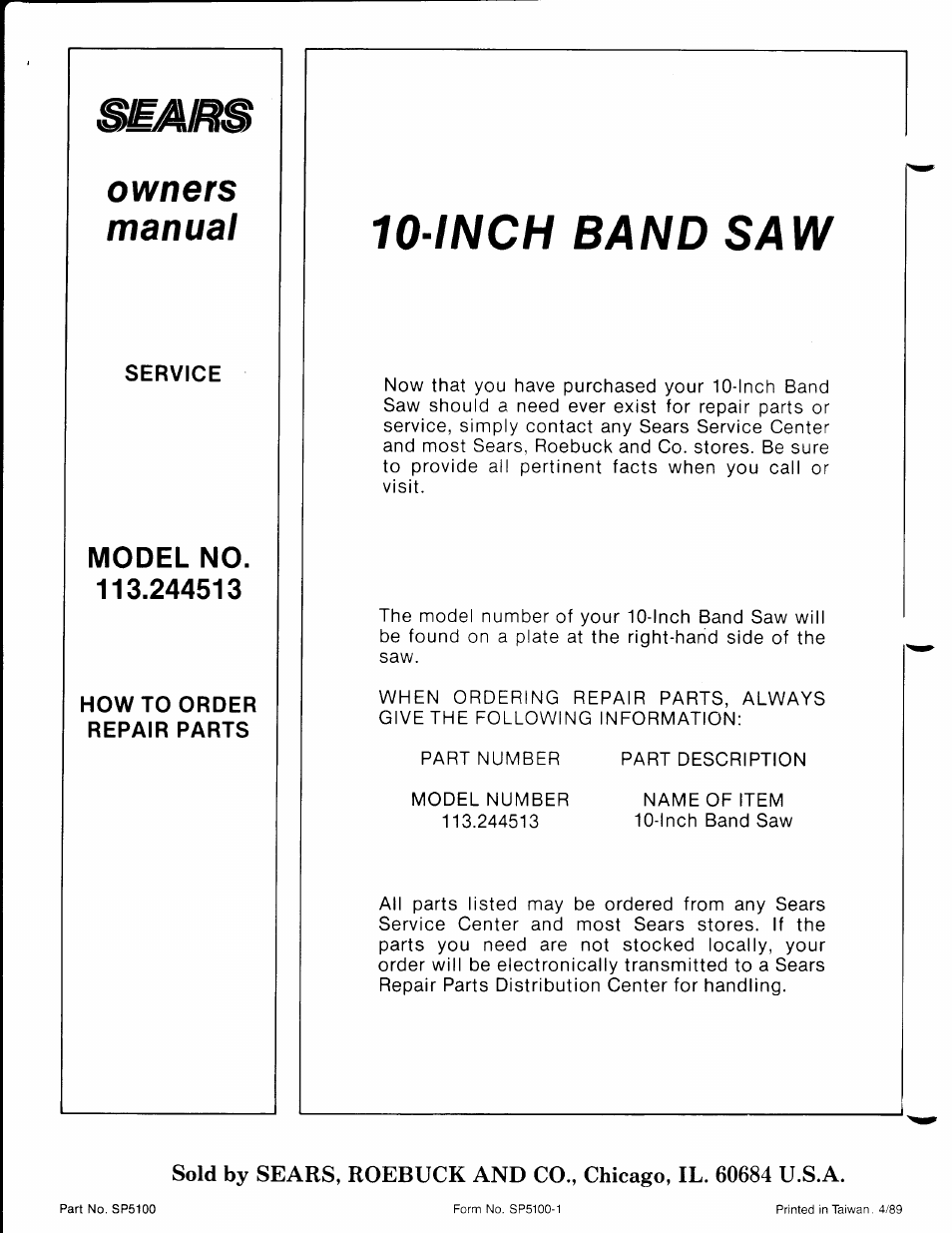 Model no. 113.244513, Inch band saw, Owners manual | Craftsman 113.244513 User Manual | Page 20 / 20