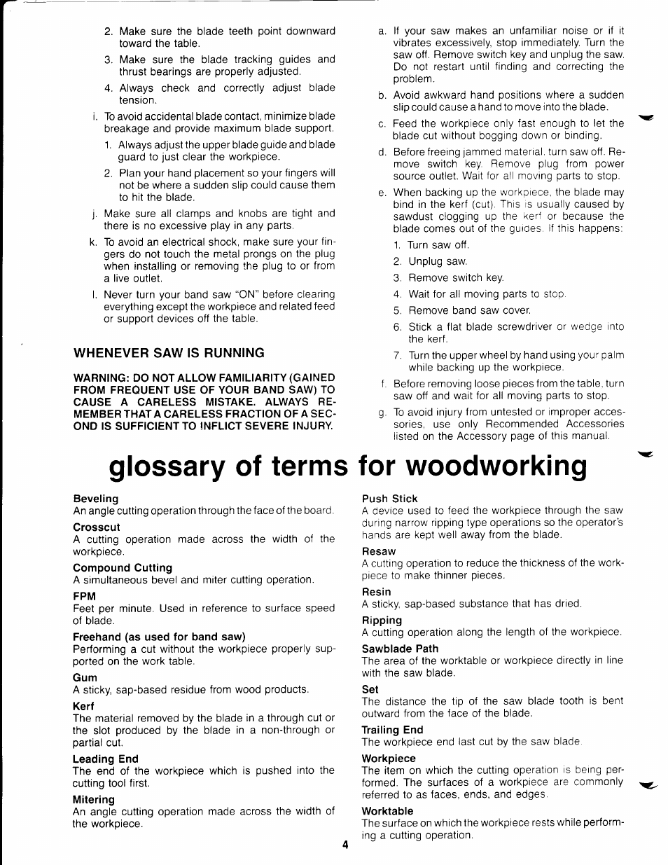 Whenever saw is running, Glossary of terms for woodworking | Craftsman 113.244513 User Manual | Page 4 / 20