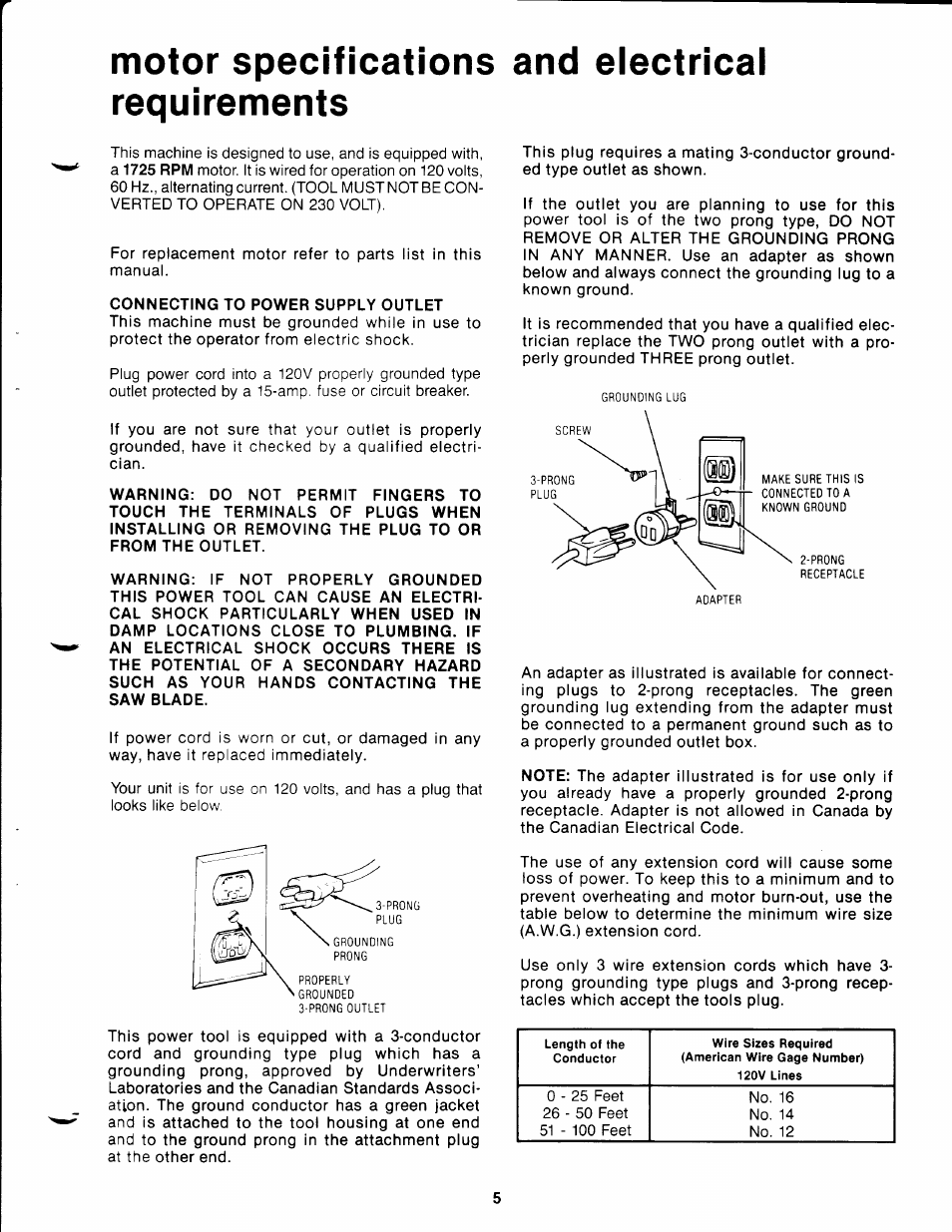 Motor specifications and eiectrical requirements | Craftsman 113.244513 User Manual | Page 5 / 20