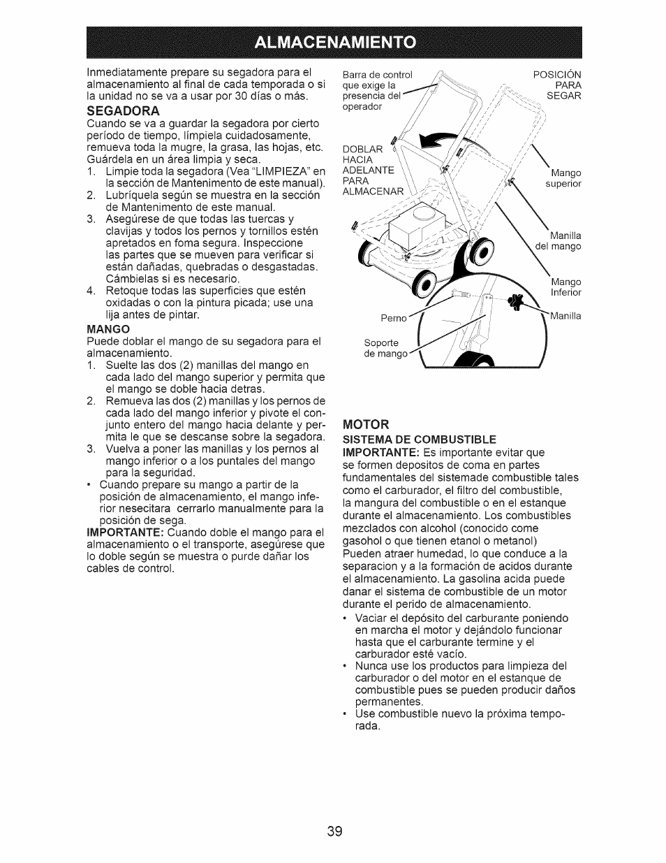 Almacenamiento, Segadora, Motor | Almacenamiento -38 | Craftsman 917.374111 User Manual | Page 39 / 52