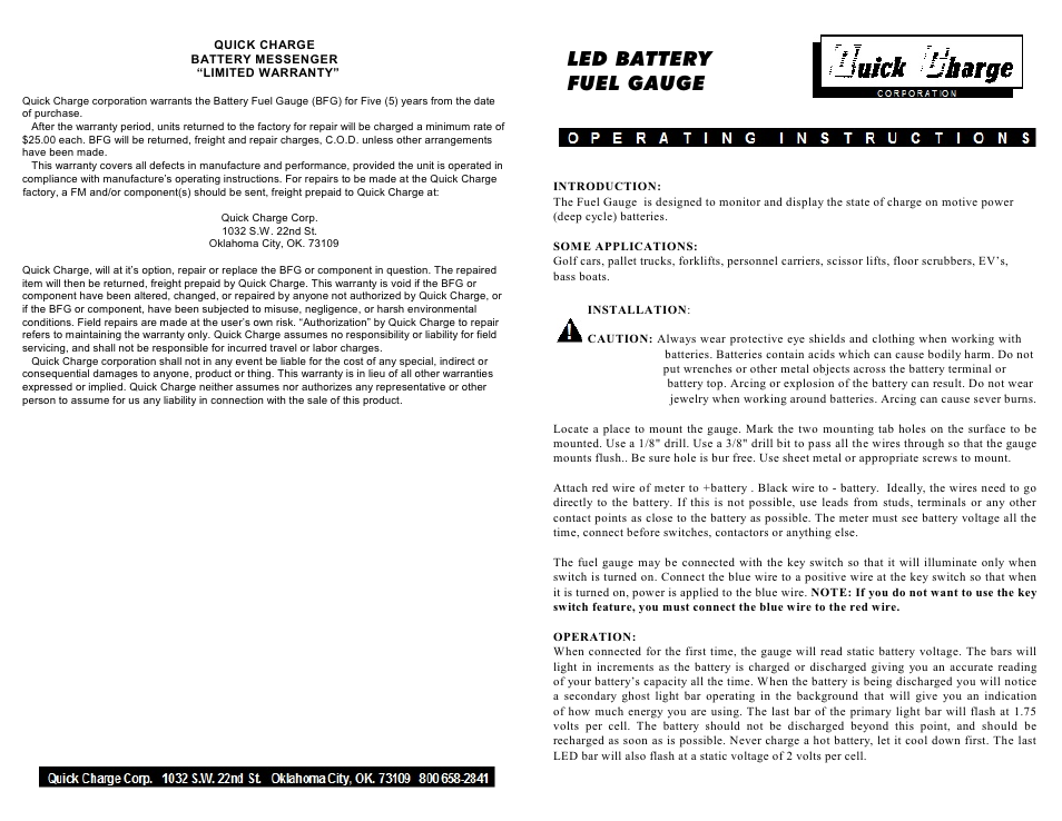 Quick Charge Fuel Gauges User Manual | 2 pages