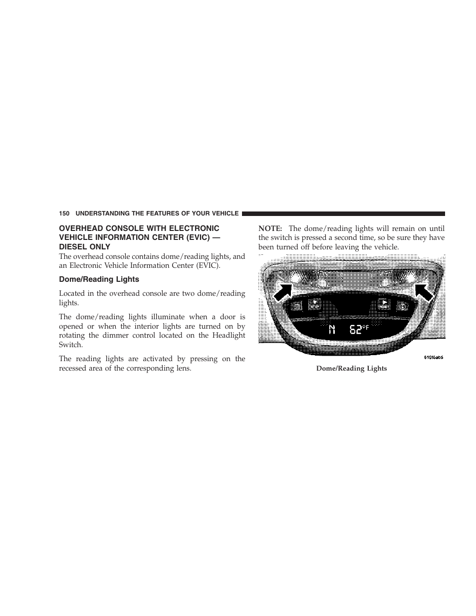 Overhead console with electronic vehicle, Information center (evic) — diesel only, Dome/reading lights | Ram Trucks 2007 3500 (Diesel) User Manual | Page 150 / 552