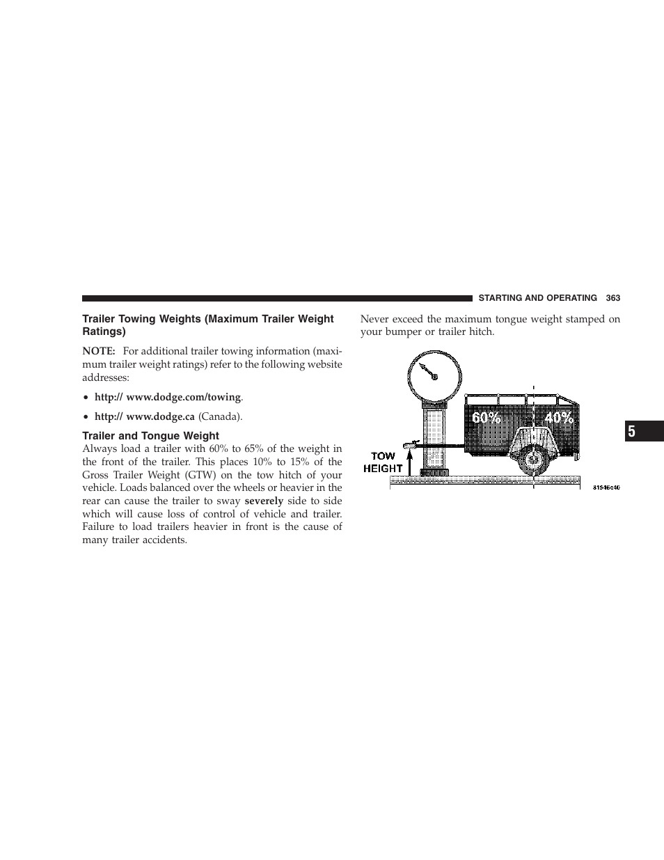 Trailer towing weights (maximum, Trailer weight ratings), Trailer and tongue weight | Ram Trucks 2007 3500 (Diesel) User Manual | Page 363 / 552