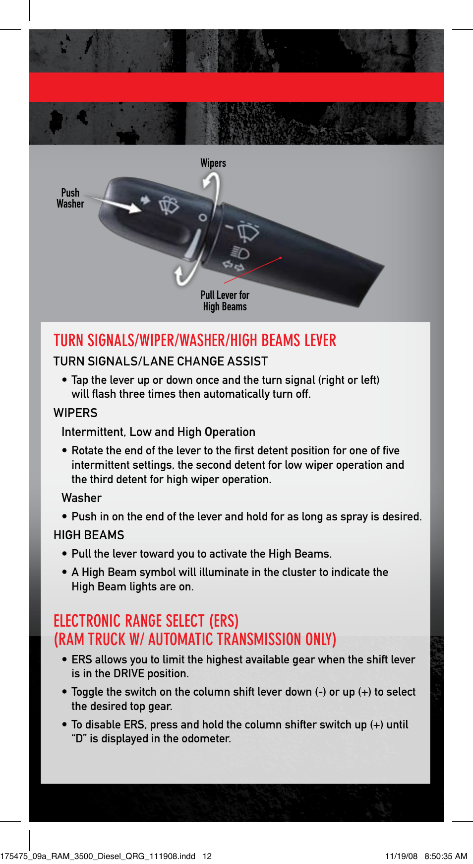 Turn signals/wiper/washer/high beams lever | Ram Trucks 2009 Diesel - Quick Reference Guide User Manual | Page 11 / 12