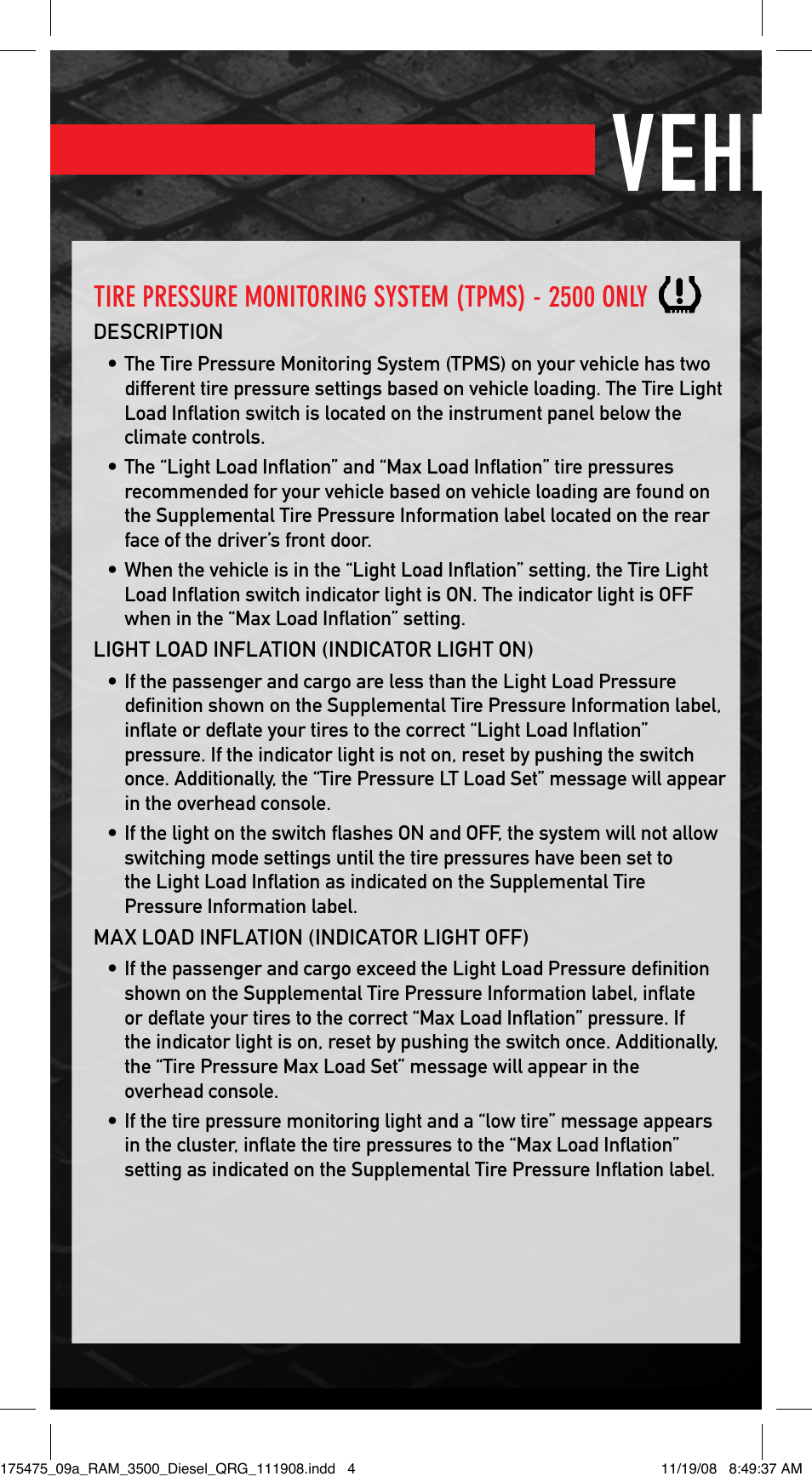 Vehicle features | Ram Trucks 2009 Diesel - Quick Reference Guide User Manual | Page 4 / 12